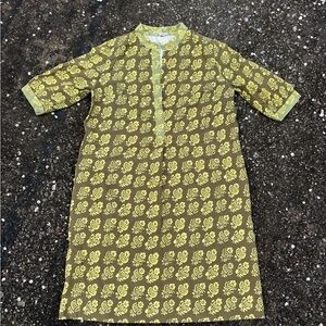 House of Merrimekko Finland Olive Green & Yellow Floral Block Printed Dress